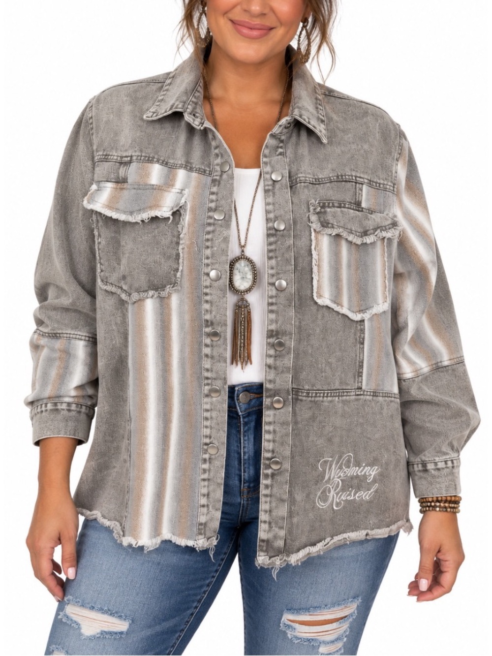 143 Story Line grey, distressed denim jacket with vertical striped patchwork